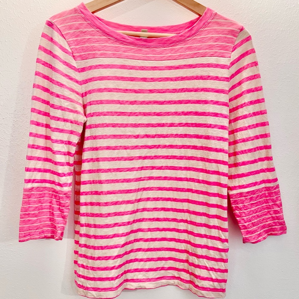 J. Crew Neon Pink & Ivory Striped 3/4 Sleeve Top